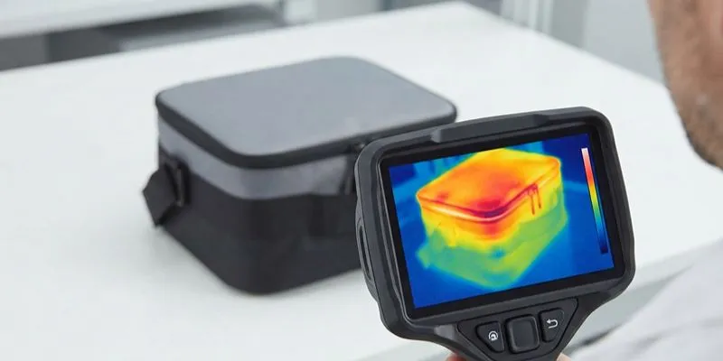 Thermal imaging camera showing a heat map of an insulated lunch bag during the logged test