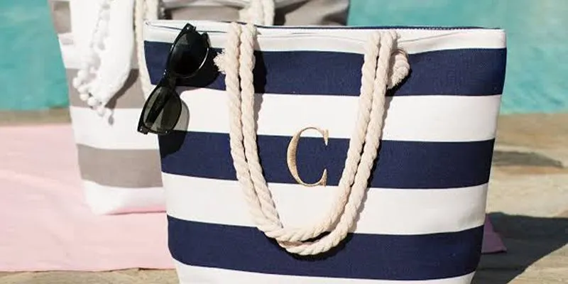 Navy and white striped cotton canvas tote beach bag with rope handles