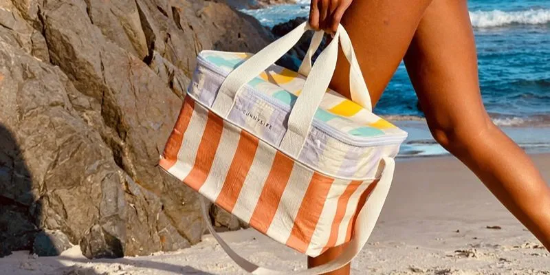 Striped insulated cooler beach bag with a zip lid and leak-resistant liner