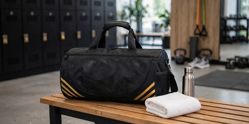 Gym duffle bag with a separate shoe compartment on a bench beside a towel and bottle