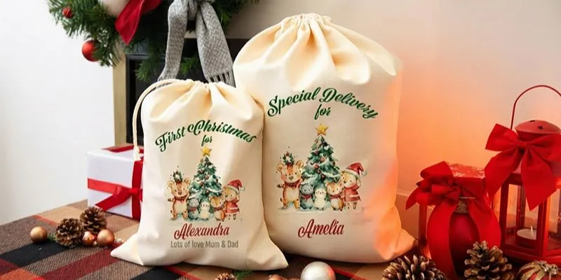 Cotton and canvas drawstring gift bags with screen-printed artwork