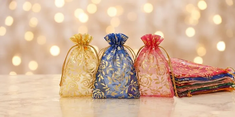 Sheer organza gift pouches with ribbon drawstrings