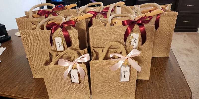 Jute and burlap gift bags with natural fiber texture