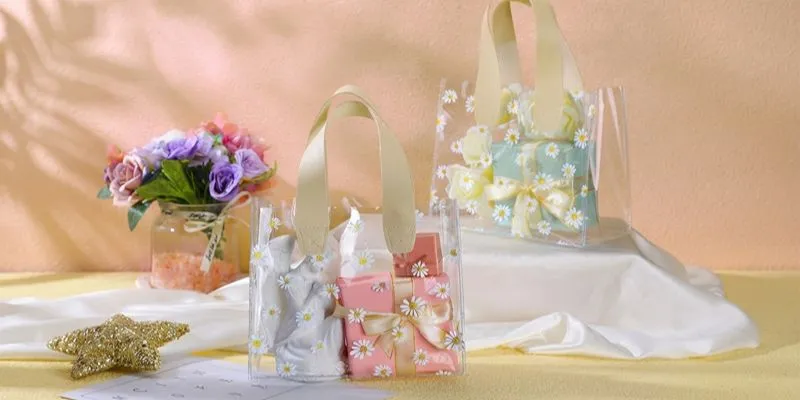 Clear and frosted PVC EVA gift bags for retail shelf visibility