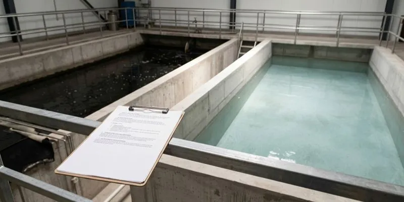 Auditor reviewing an LWG audit checklist covering chemical, water, energy, and waste records at a leather tannery