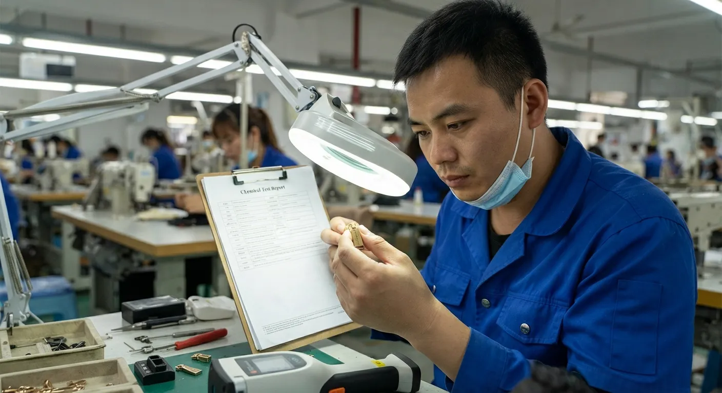 Factory technician troubleshooting chemical compliance on bag hardware on the assembly line