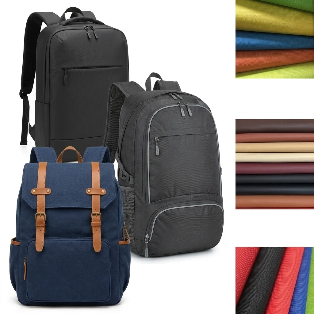 Premium backpack material swatches — leather, nylon, canvas, and sustainable fabric options at LantaoBags