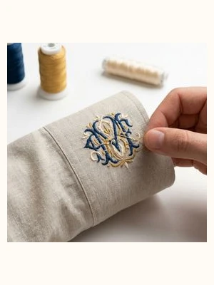 Precision embroidery thread work on custom bag panel