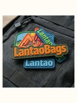 3D molded rubber brand patch detail on bag