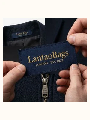 Satin and damask woven brand labels for premium bags