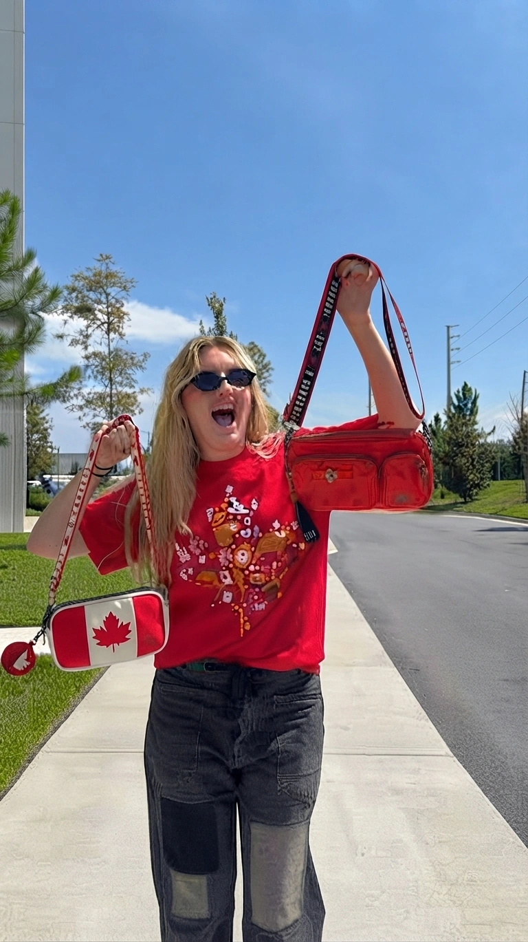 Canadian handbag collection on maple wood surface