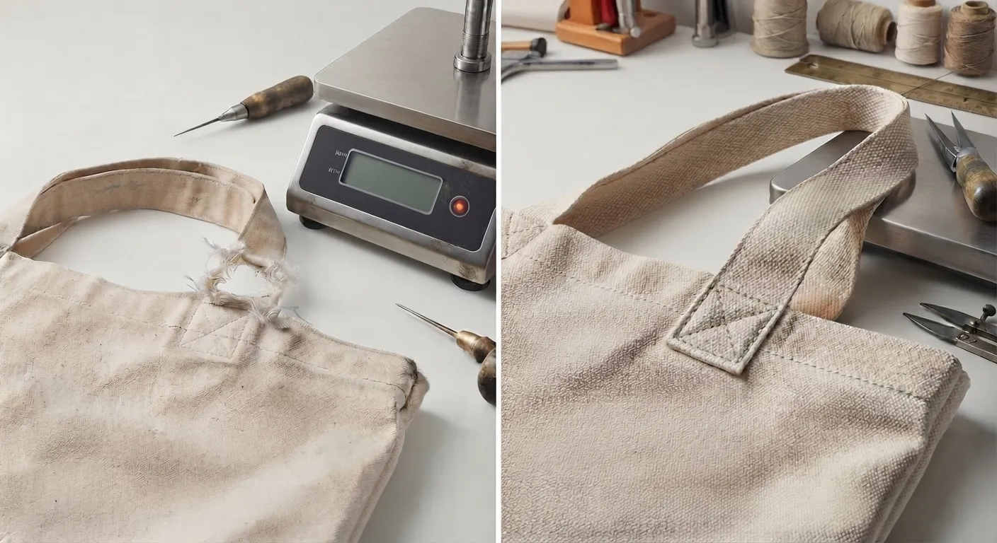 Factory worker using heavy-duty sewing machine to reinforce canvas tote bag handles with Pantone color book on workbench