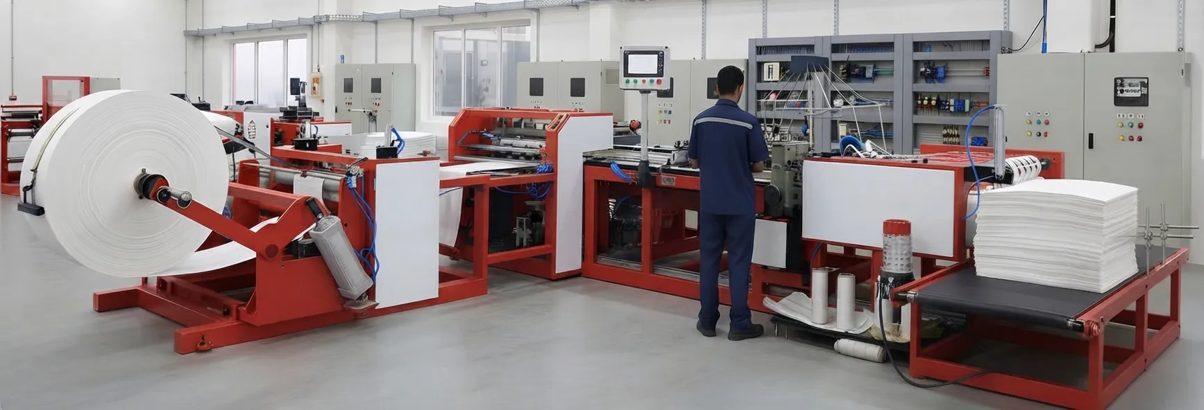 Factory worker cutting fabric with computer-guided cutting machine at LantaoBags China workshop