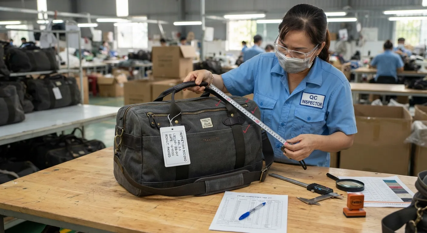 QC inspector performing AQL 2.5 inspection on custom duffle bags
